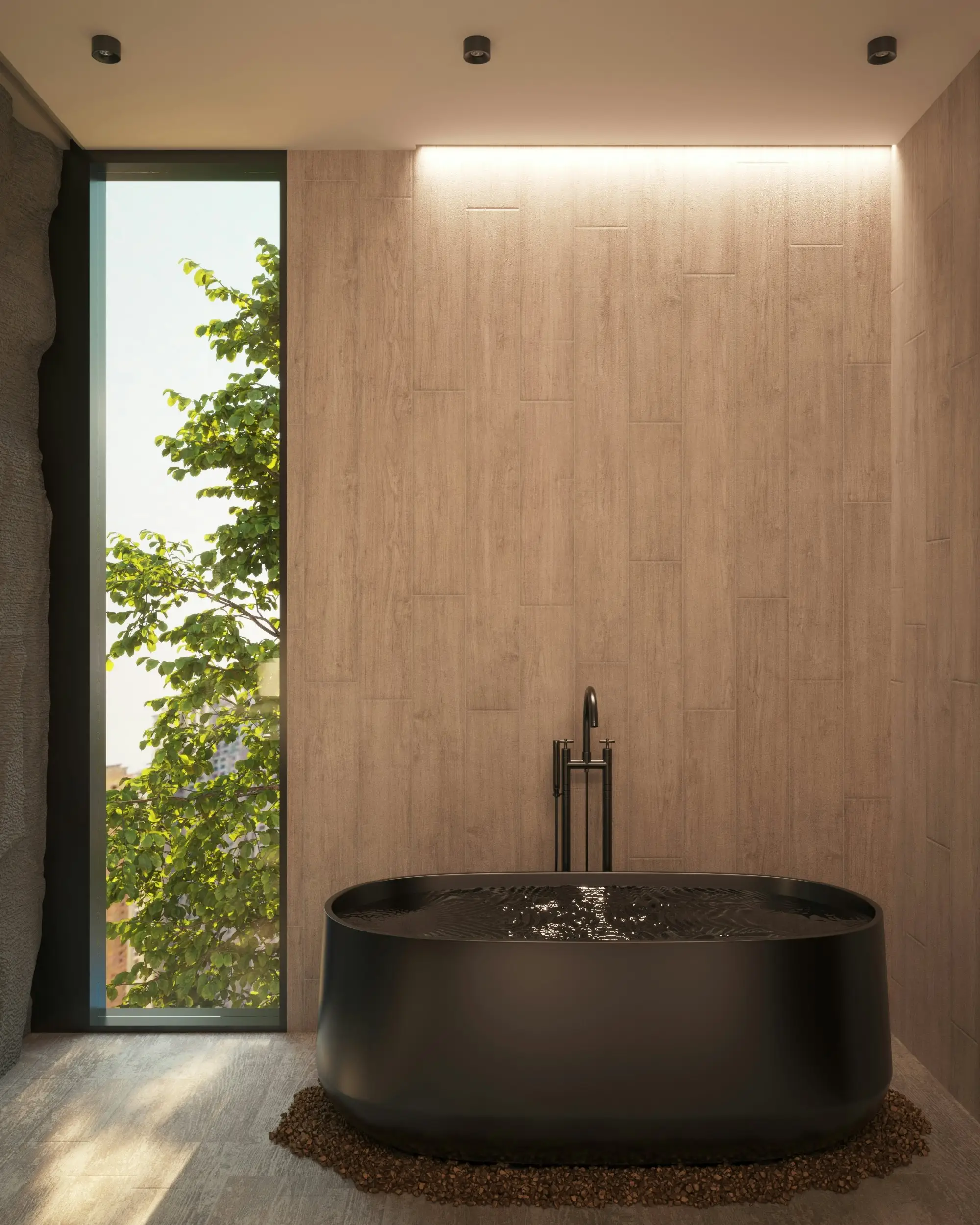 Dark soaking tub in a quiet bathroom