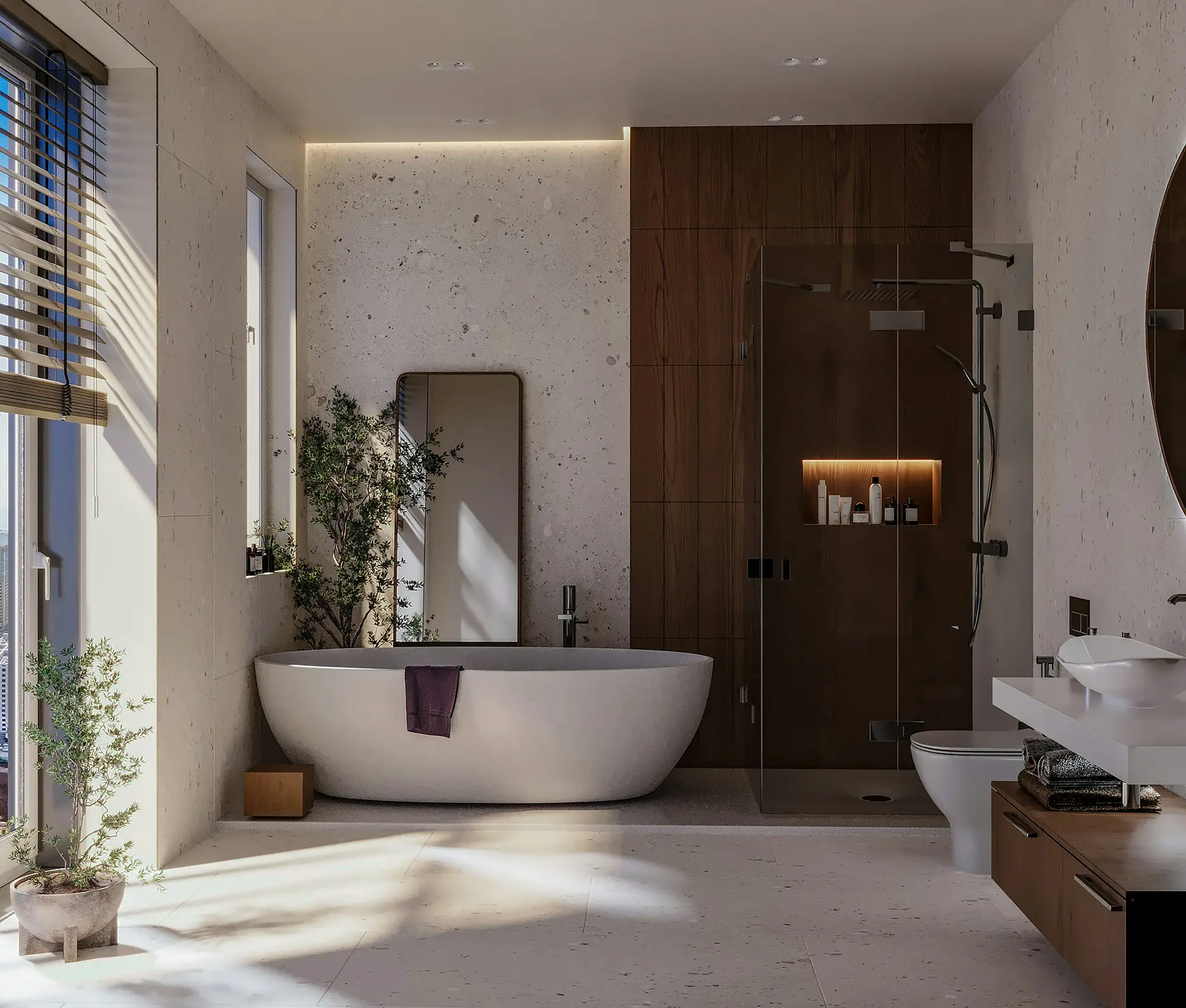 A bathroom with a freestanding tub beside a tall window