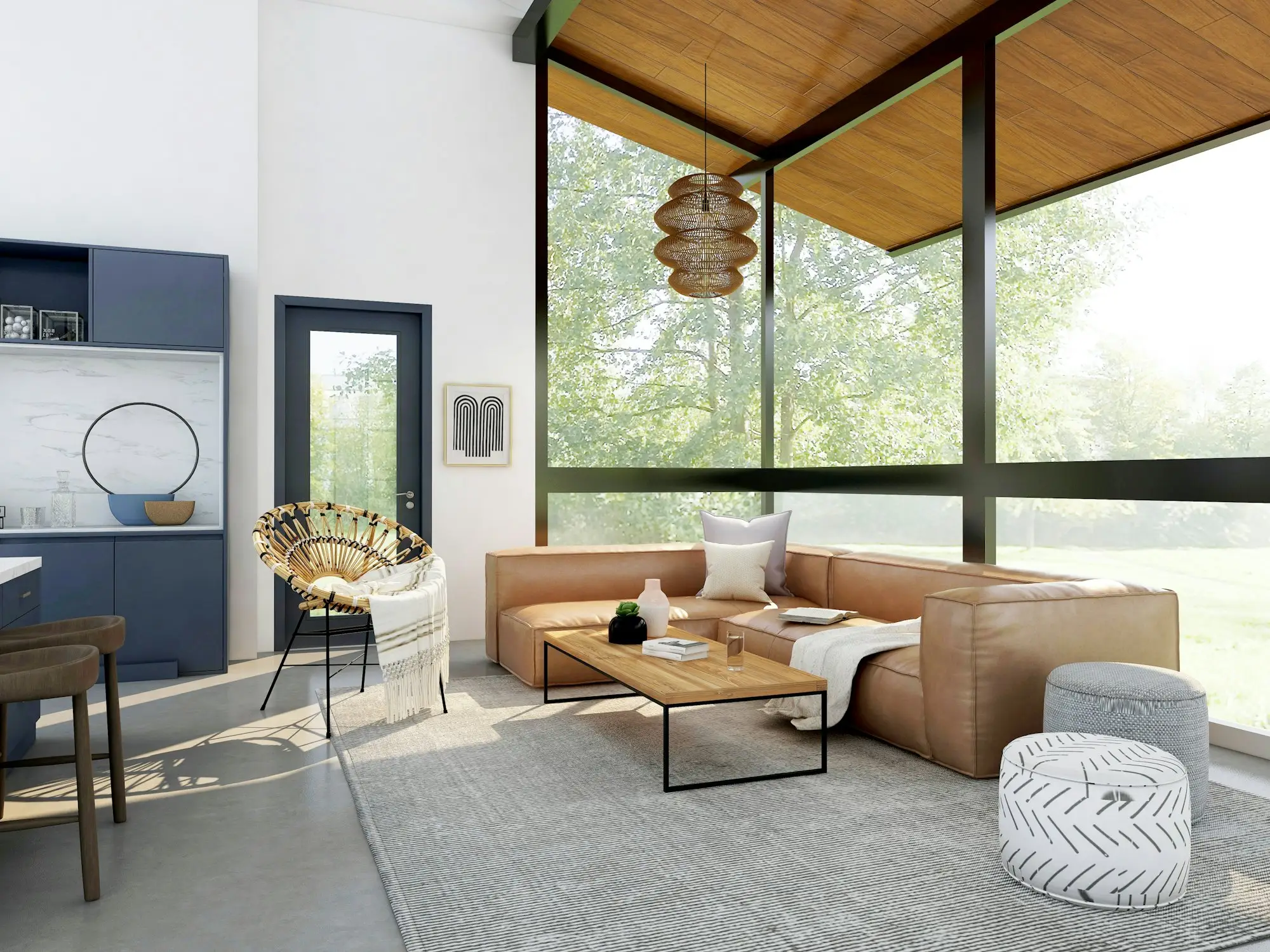 Living room with a low sofa, wood floors, and a wall of windows