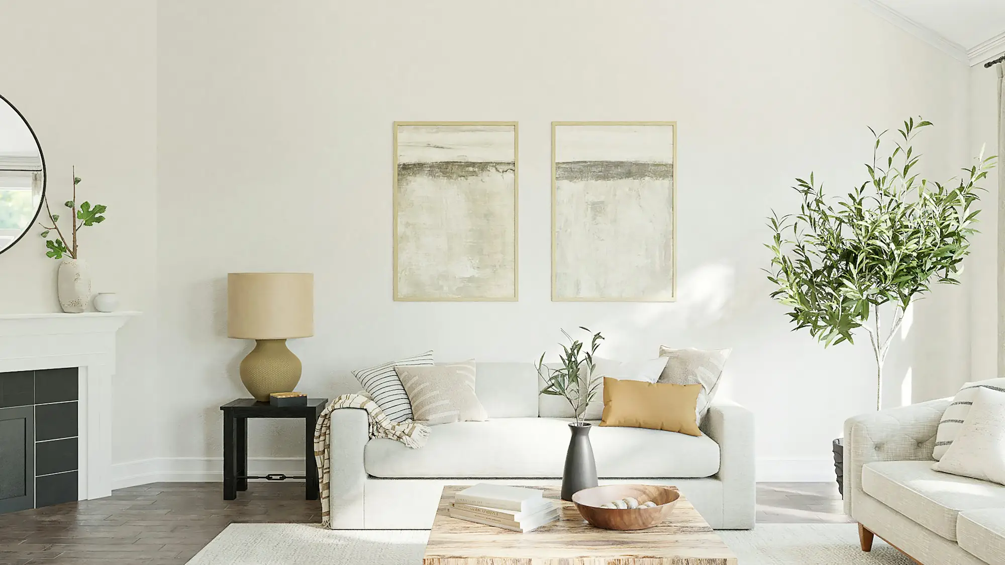 Living room arranged around a fireplace